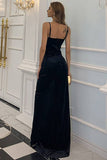 Black Spaghetti Straps Ruched Long Party Dress With Slit