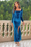 Blue Velvet Square Neck Sheath Holiday Dress With Slit