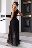 Black Spaghetti Straps Applique Long Holiday Dress With Slit