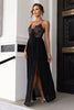 Load image into Gallery viewer, Black Spaghetti Straps Applique Long Holiday Dress With Slit