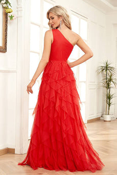 One Shoulder Red Tulle A-Line Formal Dress