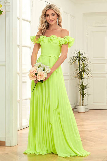 Off the Shoulder Green A-Line Formal Dress with Pleated