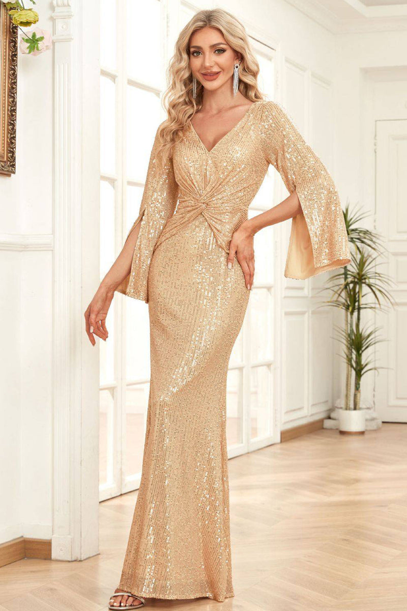 Load image into Gallery viewer, Champagne Sequins Sheath Formal Dress with Pleated