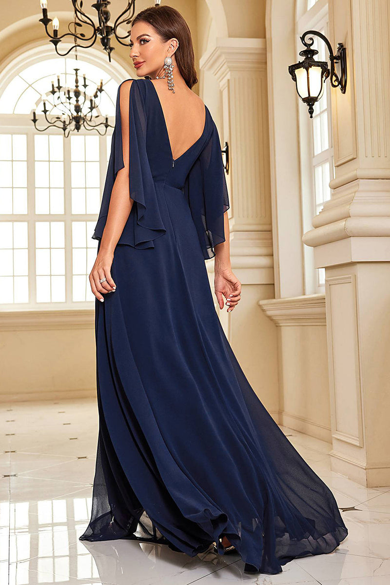 Load image into Gallery viewer, Navy Bat Sleeves Chiffon Formal Dress with Slit
