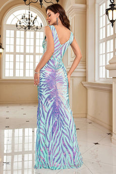 Glitter Blue Sheath Formal Dress with Slit