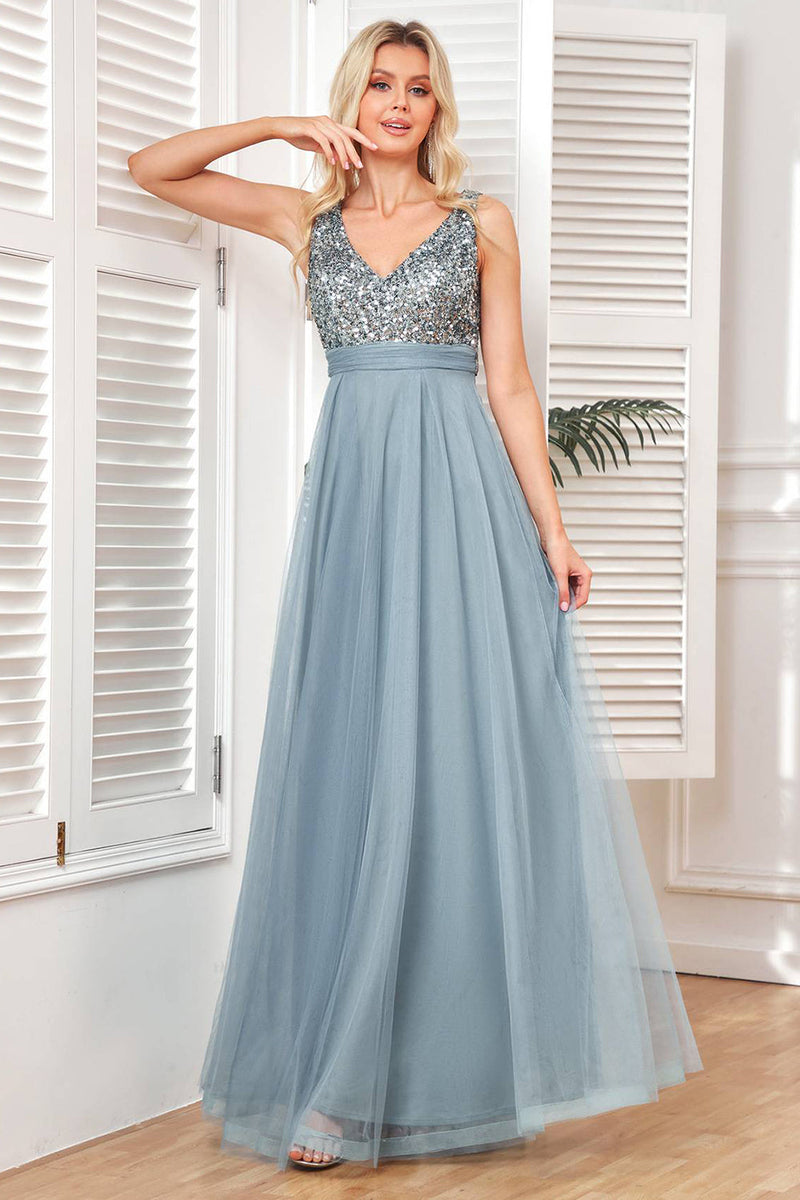 Load image into Gallery viewer, Grey Blue A Line Tulle Formal Dress with Sequins