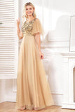 Bat Sleeves A Line Tulle Champagne Formal Dress with Sequins