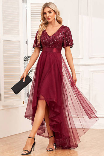 Burgundy High-low A-line Formal Dress with Sequins