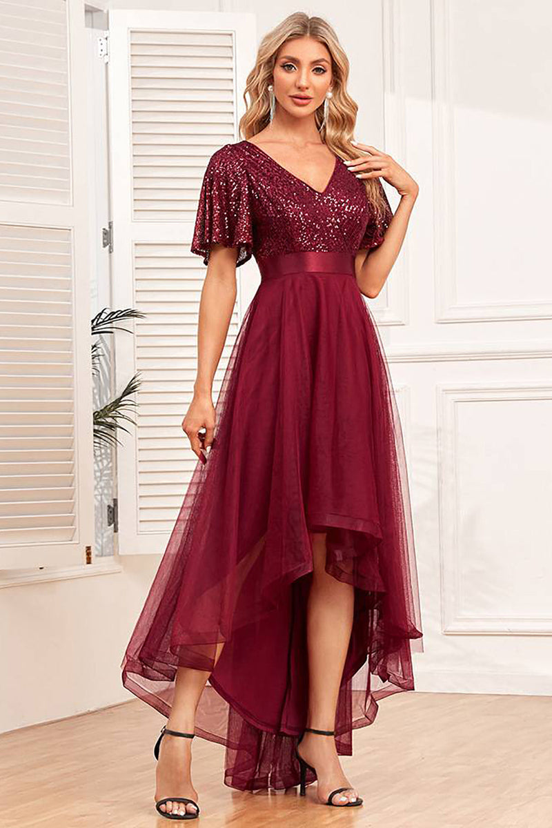 Load image into Gallery viewer, Burgundy High-low A-line Formal Dress with Sequins