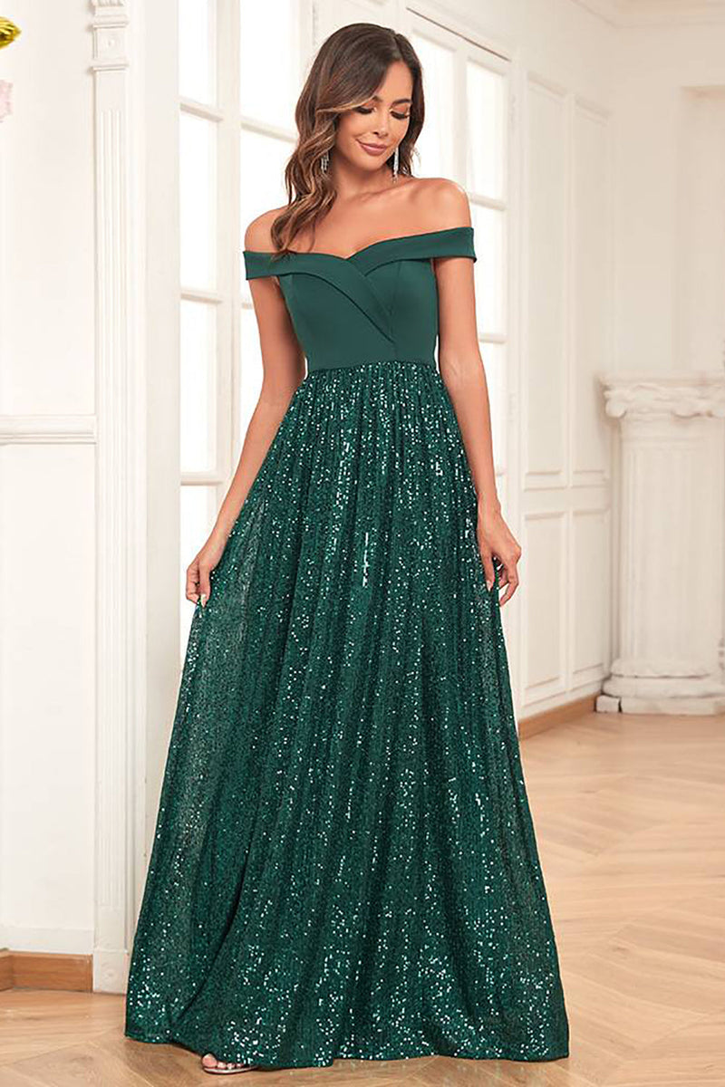 Load image into Gallery viewer, A-Line Off the Shoulder Dark Green Prom Dress With Sequins