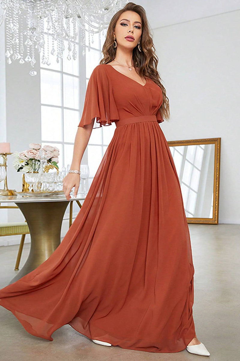 Load image into Gallery viewer, Brick Red A-Line V-Neck Pleated Prom Dress With Short Sleeves