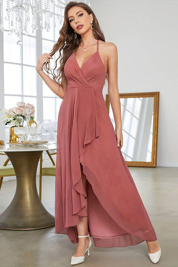 Coral Asymmetrical A-Line Halter Prom Dress With Sleeveless