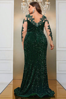 Dark Green Mermaid Plus Size Sequin Prom Dress with Appliques