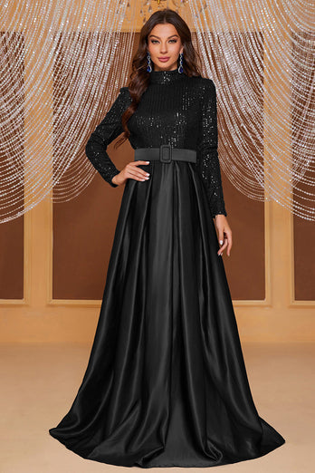 Black A Line High Neck Long Prom Dress with Sequins