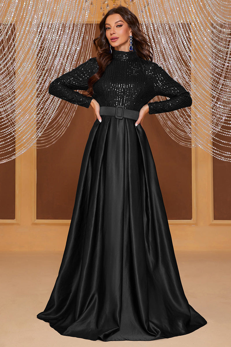 Load image into Gallery viewer, Black A Line High Neck Long Prom Dress with Sequins