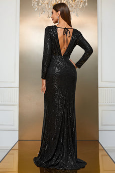 Black Mermaid Boat Neck Long Sleeves Sequin Prom Dress with Slit