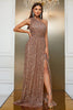 Load image into Gallery viewer, Champagne One Shoulder A Line Sequin Prom Dress with Split