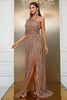 Load image into Gallery viewer, Champagne One Shoulder A Line Sequin Prom Dress with Split