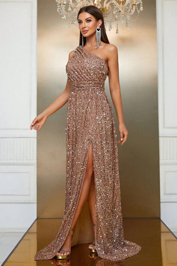 Champagne One Shoulder A Line Sequin Prom Dress with Split