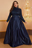 Load image into Gallery viewer, Navy A Line High Neck Long Sleeves Plus Size Prom Dress with Sequins