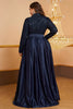Load image into Gallery viewer, Navy A Line High Neck Long Sleeves Plus Size Prom Dress with Sequins