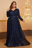 Load image into Gallery viewer, A Line Plus Size Navy V-Neck Long Sequin Prom Dress