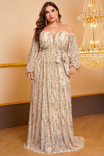 A-Line Champagne Off The Shoulder Plus Size Prom Dress With Sequins