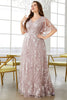 Load image into Gallery viewer, Grey Pink A-Line V-Neck Embroidered Plus Size Prom Dress