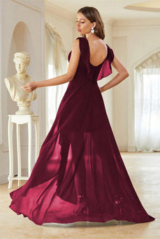 A-Line Burgundy V-Neck Chiffon High Low Prom Dress