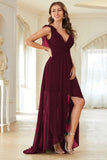 A-Line Burgundy V-Neck Chiffon High Low Prom Dress