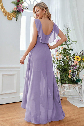 A-Line Burgundy V-Neck Chiffon High Low Prom Dress