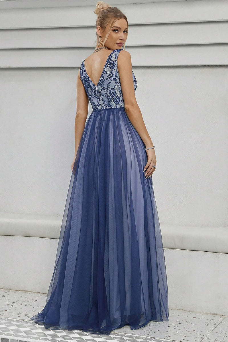 Load image into Gallery viewer, Blue A-Line V-Neck Long Prom Dress