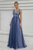 Load image into Gallery viewer, Blue A-Line V-Neck Long Prom Dress