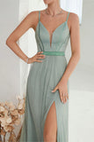 Grey Green A Line Spaghetti Straps Long Prom Dress with Slit