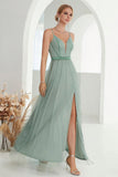 Grey Green A Line Spaghetti Straps Long Prom Dress with Slit