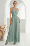 Grey Green A Line Spaghetti Straps Long Prom Dress with Slit