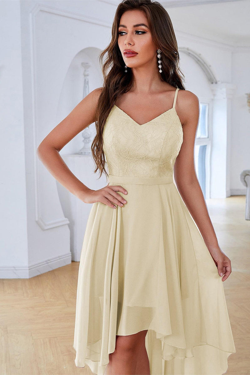 Load image into Gallery viewer, Yellow A Line Spaghetti Straps High Low Party Dress