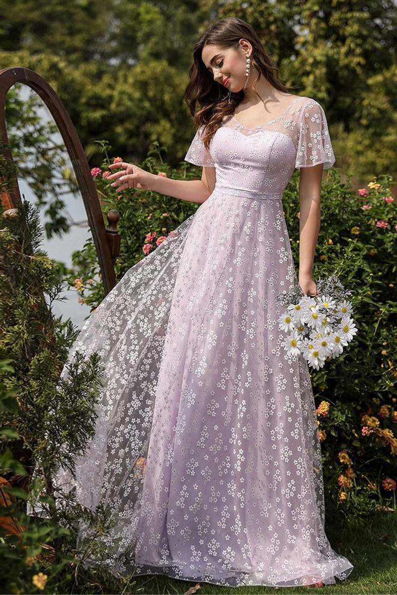 Load image into Gallery viewer, Lilac A line Tulle Prom Dress with Floral Print