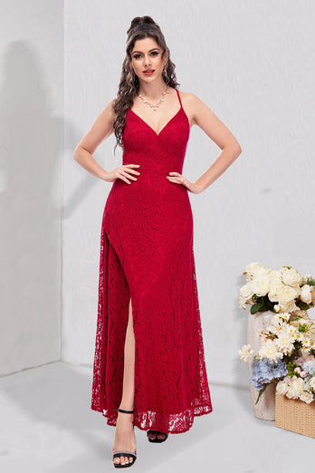 Red Lace Spaghetti Straps Prom Dress with Slit