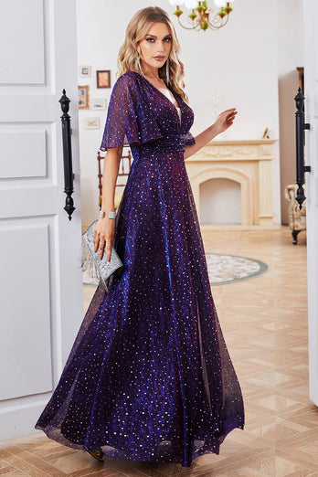 Sparkly Purple Formal Dress with Pleated