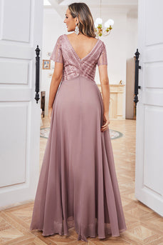 Grey Pink A Line Formal Dress with Embroidered