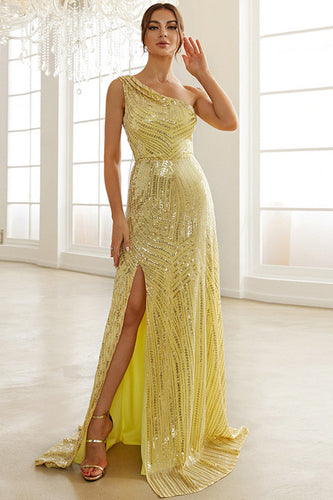 One Shoulder Yellow Sparkly Mermaid Prom Dress with Slit