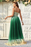 Green Gradient Spaghetti Straps A Line Prom Dress