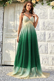 Green Gradient Spaghetti Straps A Line Prom Dress