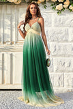 Green Gradient Spaghetti Straps A Line Prom Dress