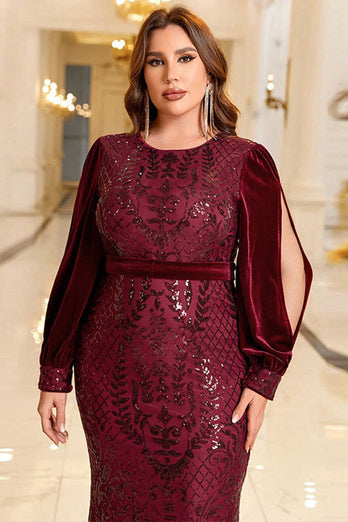 Sparkly Burgundy Plus Size Formal Dress with Long Sleeves