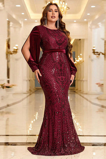 Sparkly Burgundy Plus Size Formal Dress with Long Sleeves