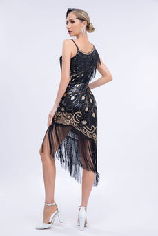 Asymmetrical Black Glitter 1920s Dress with Fringes