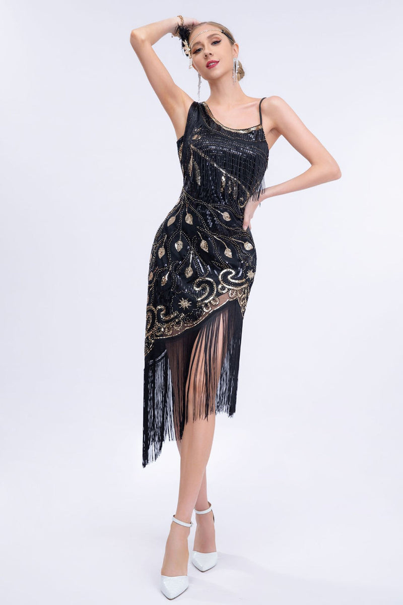 Load image into Gallery viewer, Asymmetrical Black Glitter 1920s Dress with Fringes