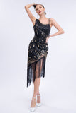 Asymmetrical Black Glitter 1920s Dress with Fringes